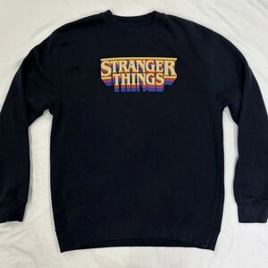 🌻Stranger Things Crewneck Sweatshirt Large Navy Blue Retro Logo Netflix Pullover